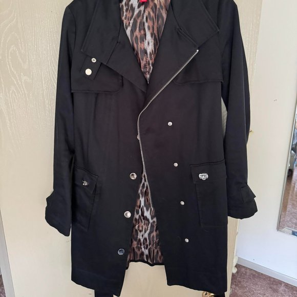 Excellent Trendy Trench Coat Belt Cotton Small 4 Above Knee Animal Print Lining - Picture 9 of 10